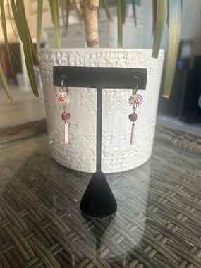 Pink Beaded Drop Earrings with Gold Accent